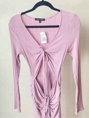 FORE Pink Lavender Ribbed Cut-Out Tie-Front Long Sleeve Dress